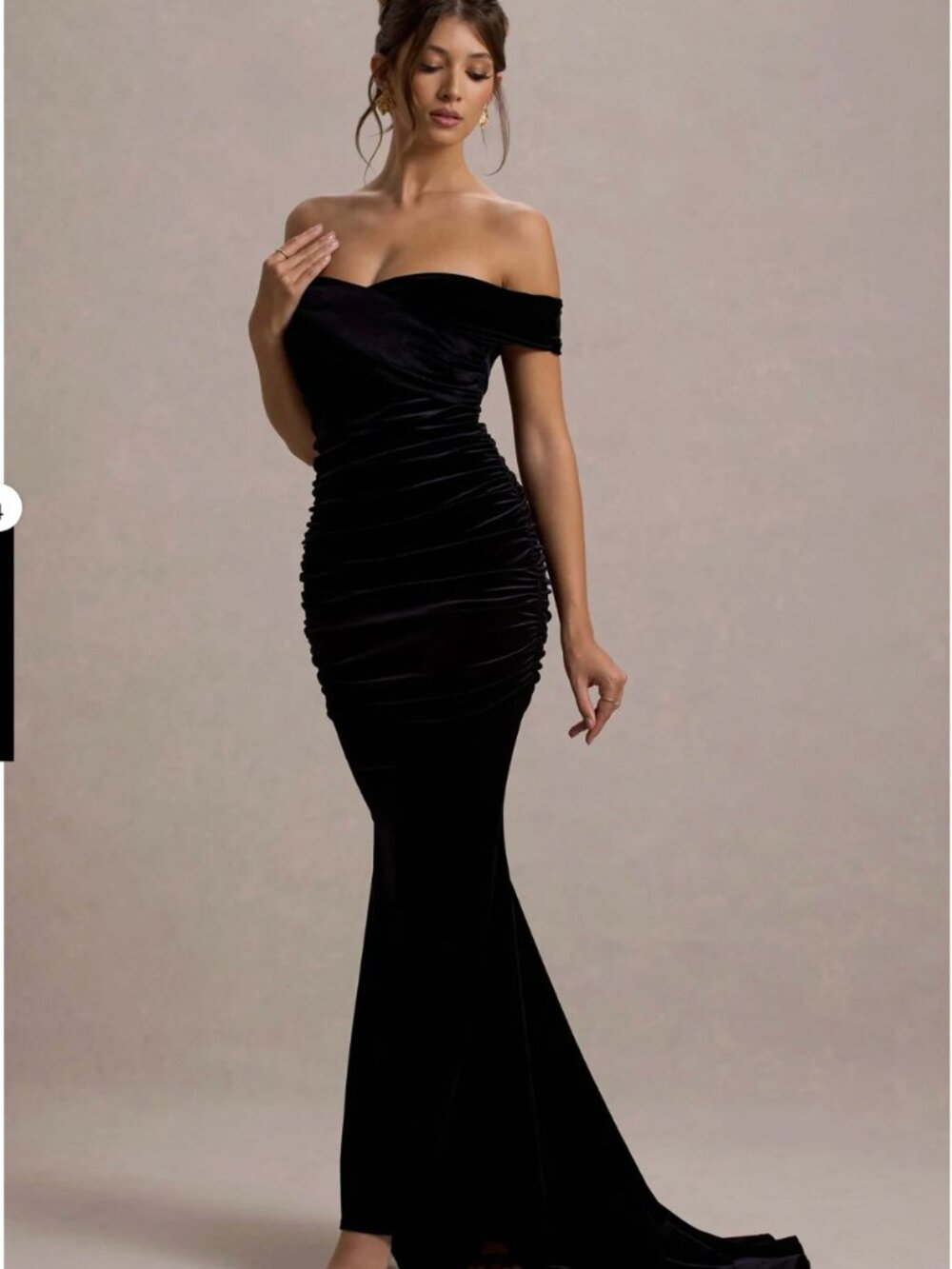 Club L Apolline Black Velvet Off The Shoulder Ruched Fishtail Maxi Dress